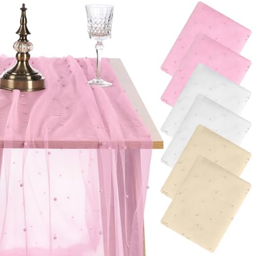 6 Pcs Pearl Tulle Table Runners Bohemian Country Tulle Lace Table Runner 120 Inch 10 Ft White Champagne Pink Lace Fabric for Home Dining Wedding DIY Craft by Hillsuren