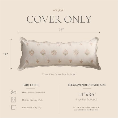 BlissBlush Long Lumbar Pillow Cover 14x36 for Bed, Cream White Velvet Decorative Lumbar Pillow Cover, Floral Accent Cushion Cover with Embroidery and Scalloped Edge for Couch Sofa Bed, Cover ONLY - Image 6