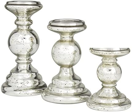 Deco 79 Glass Decorative Candle Holder Turned Style Pillar Candle Stand, Set of 3 Candlestick Holder 10", 8", 6"H, Silver - Image 7