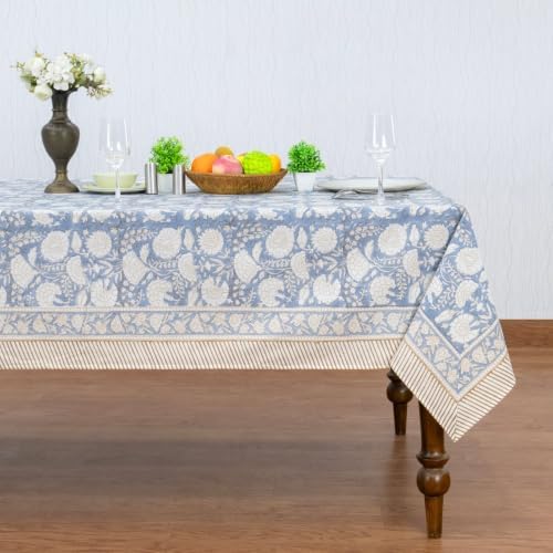 72x140 Inches Rectangle Hand Block Print Tablecloth, 100% Cotton, Moonstone Blue Floral Table Cloths Washable, Traditional Indian For Dining Outdoor Thanksgiving Halloween Christmas - Image 2