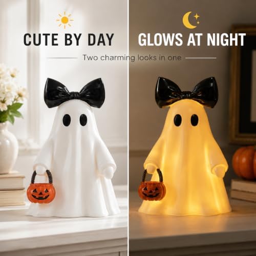 14 in Large Lighted White Ghost Figurine with Pumpkin Lantern&Remote Timer - Image 5