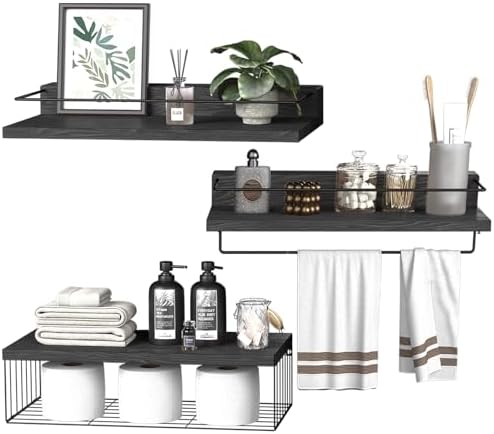 PopiShelves 22.5 inches Bathroom Shelves Over Toilet for Wall, Floating Shelves with Storage Basket Paper Holer for Kitchen Living Room, Bedroom & Classroom, Set of 3 (Black) by Unknown