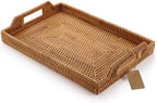 Hand-Woven Rattan Rectangular Serving Tray with Handles for Breakfast, Drinks, Snack for Coffee Table (14.5x10.2x1.4inches) by DECRAFTS