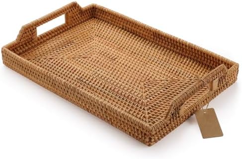 Hand-Woven Rattan Rectangular Serving Tray with Handles for Breakfast, Drinks, Snack for Coffee Table (14.5x10.2x1.4inches) by DECRAFTS