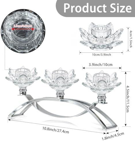 Crystal Lotus Taper Candle Holders, 3 Arms Metal Crystal Candlesticks, Decorative Flower-Shaped Candle Holders for Dining Table Centerpiece, Wedding, Home & Holiday Decor (Clear, Set of 3) - Image 2