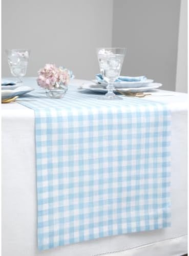 Solino Home 100% Pure Linen Dining Table Runner Blue Bell Check, 14 x 48 in - Image 2