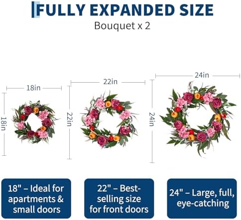 22in Faux Peony Spring Summer Wreath and Bouquets Set, Realistic Artificial Floral Door Wreath with Real Rattan Base, Includes 2 Matching Bouquets, Fake Flower for Spring Front Home, Mother's Day - Image 3