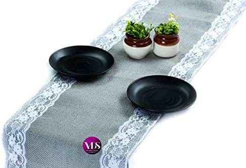VDS Pack of 10, Burlap Table Runner with White Lace Edge, 100% Natural Jute Rustic Hessian Table Cloth Centerpiece for Wedding Birthday Party Banquet Table Decoration (Size 12X108 Inch)(Silver Grey) by VDS