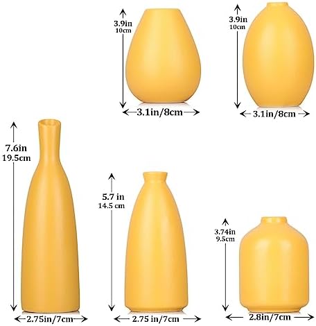 Yellow Ceramic Bud Vases Set of 5, Farmhouse & Fireplace Decor, Multipurpose Home Decoration for Living Room, Entrance, Bathroom, Kitchen & Office, Coffee Table Decor, Bulk Bud Vases - Image 2