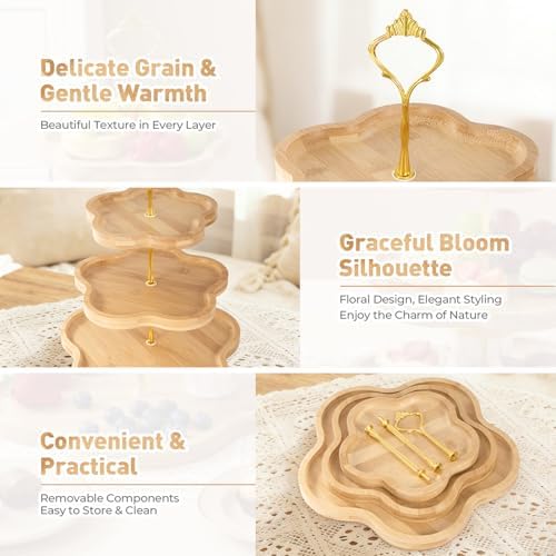 DUJUST Wooden Cupcake Stand, Flower-Shaped Design, Tiered Tray, 2 Pcs - Image 3