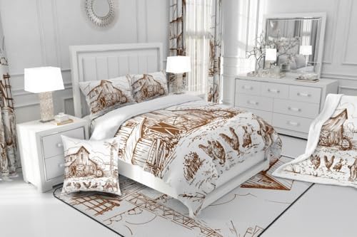 Windmill Comforter Set Full, Rustic Barn Farmhouse Bedding, Chick Cow Farm Animals Down Comforter, Hand Drawn Illustration Bedding Comforters, Countryside Rural Meadow Room Decor Duvet Set, Taupe - Image 5