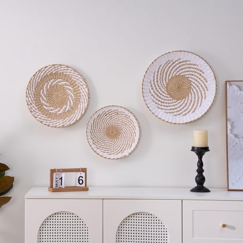 Deosur 3PCS Boho Wall Basket Decor – Handmade Bulrush Woven Tray Baskets for Wall Hanging, Rustic Farmhouse Wall Art for Living Room & Bedroom (White) - Image 5