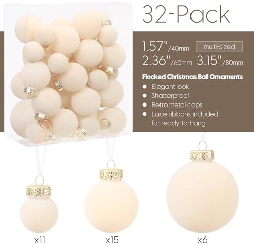 Sea Team 32-Pack Flocked Velvet Christmas Ball Ornaments, Cream - Image 3