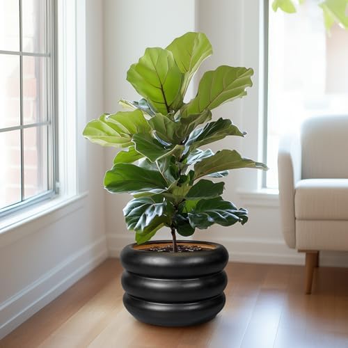 SQOWL Ceramic Flower Pot 13.5 Inch - Large Planter for Indoor Plants Outdoor Plant Pot with Drainage Hole Round Planter Mid-Century Flower Pot for Porch Living Room Decor Black - Image 4