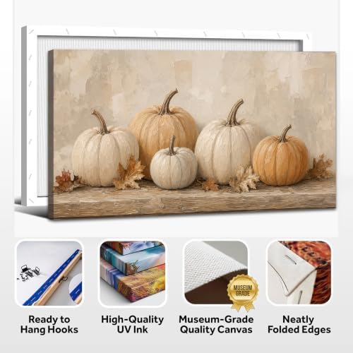 WAXWHELK Pumpkin Fall Canvas Wall Art Beige Neutral Autumn Painting Pictures Rustic Farmhouse Thanksgiving Home Decor Artwork for Living Room Bedroom (12"x24") - Image 6