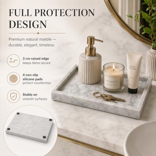 Natural Marble Decorative Tray, 11.8"x7.87" Solid Stone Serving Tray with Raised Border, Versatile Rectangle Organizer for Entryway Key, Coffee Table, Nightstand, Jewelry & Home Accent (White) - Image 2