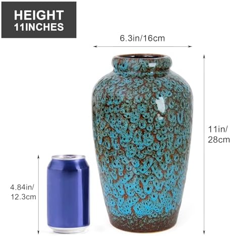 11 Inch Tall Ceramic Flower Vase, Unique Blue Glaze Vase for Home Decor - Image 3