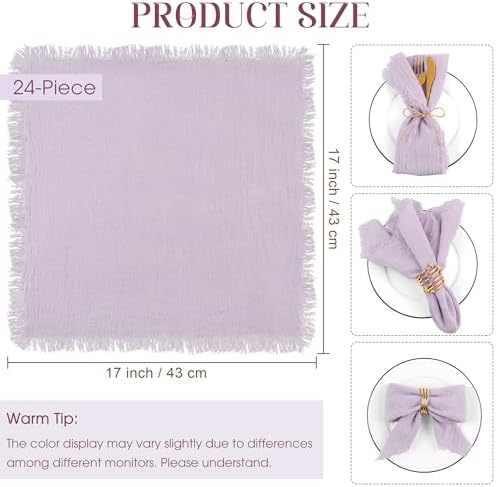 TURSTIN 24 Pieces Lavender Purple Cotton Linen Wedding Napkin Square Rustic Fringe Table Napkin for Dinners, Parties, Weddings - Image 2