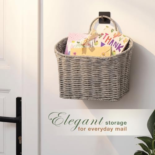 84ECO Set of 2 Grey Woven Paper Rope Hanging Baskets for Organizing, Front Door, Mail, Flowers - Image 2