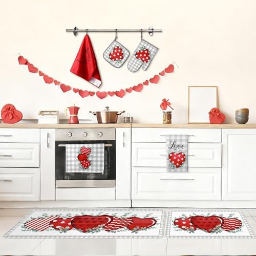VitalCozy Set of 10 Valentine's Day Kitchen Towels Heart Kitchen Mats Oven Mitts and Pot Holders Set Absorbent Red Tea Hand Towels Valentine's Day Decorative Towel for Baking Cooking BBQ - Image 2