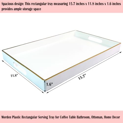 Large White Rectangular Decorative Tray – Plastic Serving Tray with Handles for Coffee Table, Ottoman, Living Room, 15.7” x 11.8” x 1.6 - Image 2