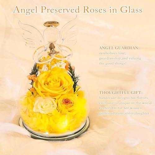 Gifts for Women Preserved Rose Forever Flower in Glass Angel Figurines Fresh Flowers for Delivery Prime Mothers Day Birthday Gifts for Mom Real Yellow Roses for Grandma Sister Wife Her from Daughter - Image 6