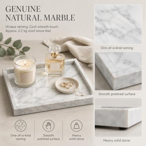 Natural Marble Decorative Tray, 11.8"x7.87" Solid Stone Serving Tray with Raised Border, Versatile Rectangle Organizer for Entryway Key, Coffee Table, Nightstand, Jewelry & Home Accent (White) - Image 4