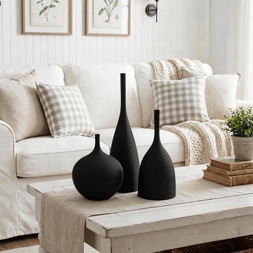 Relexome Ceramic Vase Set of 3 Neutral Vases Home Decor Modern Minimalist Decorative Vase Matte Ribbed Vases for Centerpieces Living Room Shelf Entryway Table Decor Black - Image 4