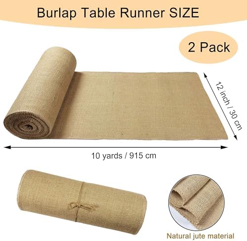 2 Pack 12 inch x 10 Yards Burlap Table Runners, Burlap Roll,Natural Rustic Jute Table Runner Bulk for Western Wedding Table Decorations,Farmhouse Style Party,Kitchen Coffee Table Decor Cover - Image 2