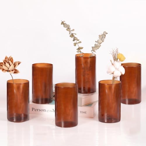 Amber Glass Cylinder Vases for Centerpieces - 6 Inch Tall Flower Vases for Wedding & Fall Decor, Floating Candle Holders for Table Centerpieces, Set of 6 Pcs by TripodBird