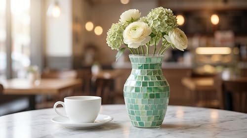 8" Green Agate Mosaic Vase, Handmade Textured Glass Flower Vase, Crisp Botanical Centerpiece for Living Room, Kitchen, Modern Home Decor & Housewarming Gift - Image 3