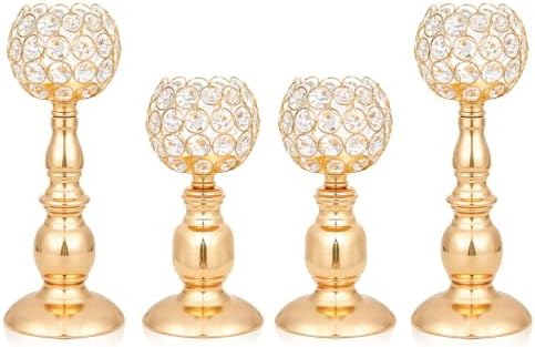 Gold, Set of 4 Crystal Candle Holders Set (11.4" & 8.8") by kehail