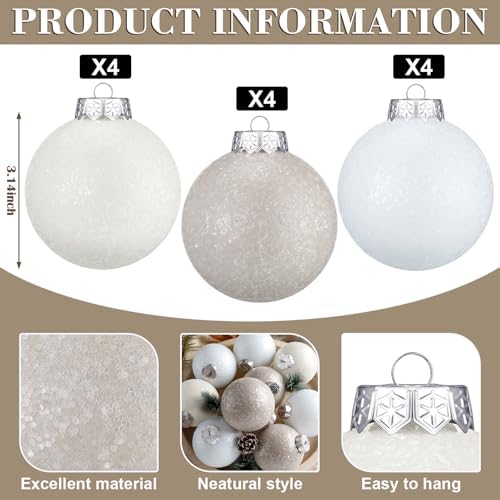 12 Pcs Neutral Textured Sugar Christmas Ornaments 3.15'' Cream Beige White - Image 3