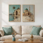 Framed Vintage Islamic Mosque Landscape Canvas Wall Art, Set of 2 - Image 2