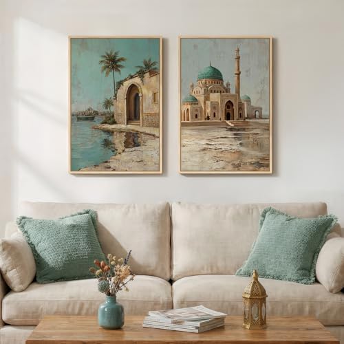 Framed Vintage Islamic Mosque Landscape Canvas Wall Art, Set of 2 - Image 2
