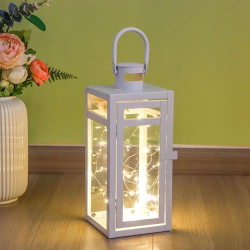 TRIROCKS Decorative Candle Lantern 12'' High Metal Candle Holder with Tempered Glass Perfect for Home Decor Living Room Parties Events Tabletop Indoor Outdoor (White) - Image 6
