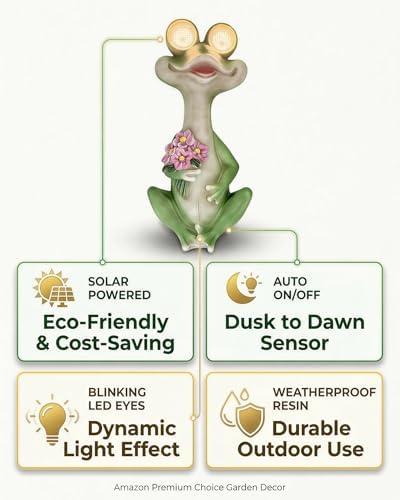 iStatue Solar Frog Garden Statue with Blinking Light-Up Eyes, Resin Outdoor Garden Decor Frog Holding Flowers, Waterproof Animal Figurine for Patio Lawn Yard Porch Balcony (Green) - Image 5