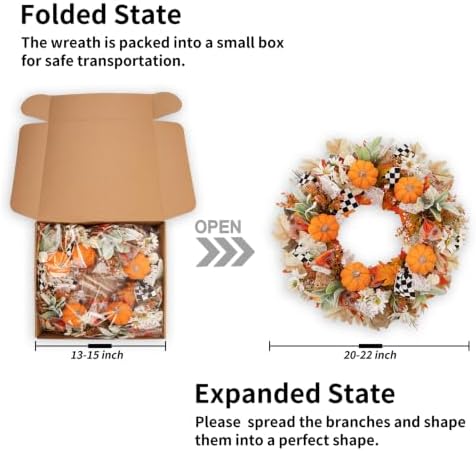 24 Inch Fall & Halloween Wreath for Front Door, Teddy Fleece Pumpkin Grapevine Wreath with Black‑White Checkered Ribbon, Lace, Daisies & Maple Leaves, Farmhouse Decor for Autumn,Thanksgiving,Halloween - Image 3