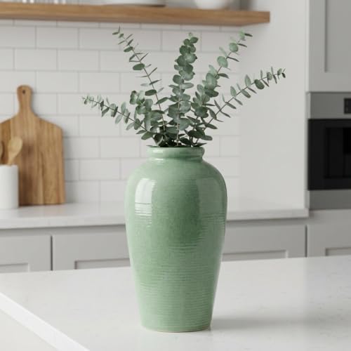Green Ceramic Vase - 11 Inch Tall Modern Flower Vase for Pampas Grass, Pottery Decorative Vase for Centerpieces, Farmhouse Decor, Living Room, Kitchen, Shelf, Table Decor - Image 3