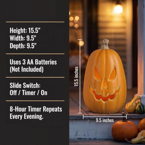 Xodus Battery Operated LED Light Up Pumpkin, Jack-O-Lantern, Timer, 15-inch - Image 3