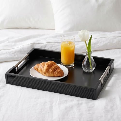 Decorative Serving Tray, Modern Rectangle Wood Tray with Polished Metal Handles, Glossy Finish, 16.5x12 Inch, for Coffee Table, Ottoman (Black) - Image 7