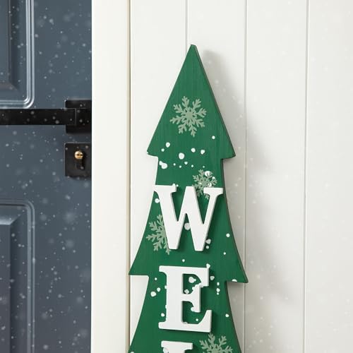 Glitzhome 42" H Wooden Welcome Christmas Tree Porch Sign with Berries Wreath Vertical Porch Sign in Xmas Tree Shape Farmhouse Hanging Sign Decorations for Front Door Wall Display - Image 4