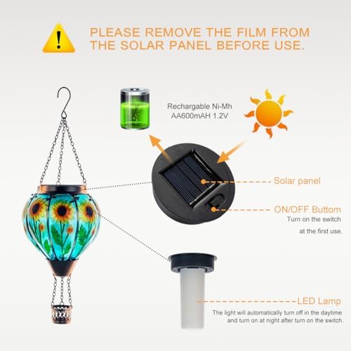 Starsoul 2 PC Sunflowers Hot Air Balloon Solar Lantern with Flame Glass Hanging Outdoor Hot Air Balloon Solar Light Waterproof Garden Patio Yard Party Decorations - Image 3