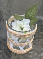 Pack 4 White Woven Rattan Tealight Candle Holders Candle Lantern - Coastal Tropical Glass Tea Light Holder Hurricane, Natural Seagrass Boho Hand Woven Votive Candle Holder - Image 4