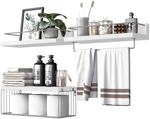 PopiShelves Bathroom Shelves Over Toilet for Wall, Floating Shelves with Storage Basket Paper Holer for Kitchen Living Room, Bedroom & Classroom, Set of 3 (White and Grey) by Unknown