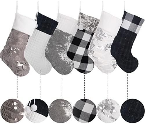 LUBOT 4 Pack Christmas Stockings Large Family Xmas Stocking Black White Gray Contrast Match Flannel Plaid Plush Sequins Hanging for Decorations Holiday - Image 3