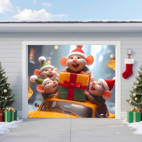 Christmas Garage Door Banner – Winter Scene with Cute Little Mouse, Cheese, Cars & Snow Decorations, Large Waterproof Reusable Outdoor Holiday Mural for Xmas Decorations,C,8 x 7ft/2.4 x 2.1m by TTCHANG