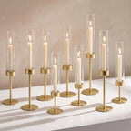 Hurricane Glass Candle Holders Set of 9 Gold Metal Taper Candlesticks by Springbreezecandleglow