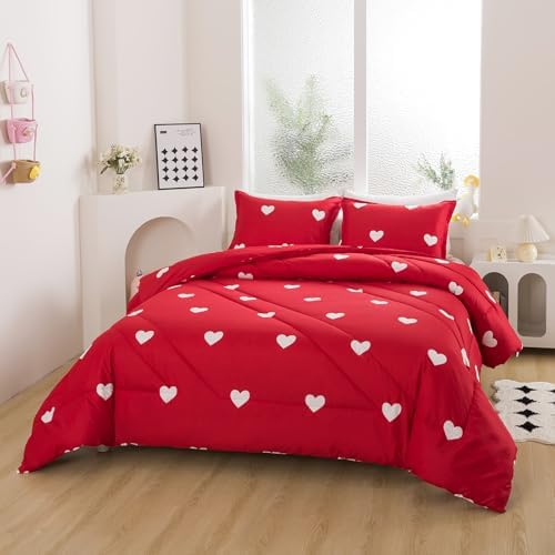 Caressma Love Queen Comforter Set - Romantic White Heart Print Red Bedding Comforter 3 Pieces Matching Pillowshams - Image 2