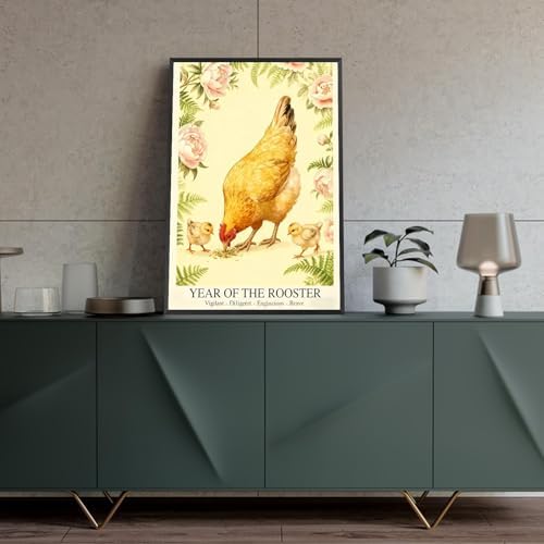 Chinese Lunar Year of the Rooster Art Print – Oriental Home Decor with Pink Peony Zodiac Vigilant Diligent Enthusiastic Brave Wall Art for Living Room Bedroom and Office 16X24 in Wrapped Framed - Image 4